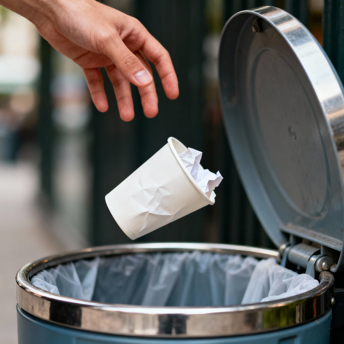 The paper cup is being thrown into the trash can
